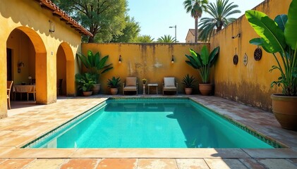 Sun-drenched, turquoise vintage pool, weathered tile, relaxation, resort