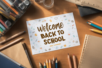 Welcome Back to School Mock Up Card with School Supplies on Desk