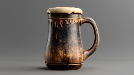 Rustic Beer Mug with Foam Displayed on Neutral Background