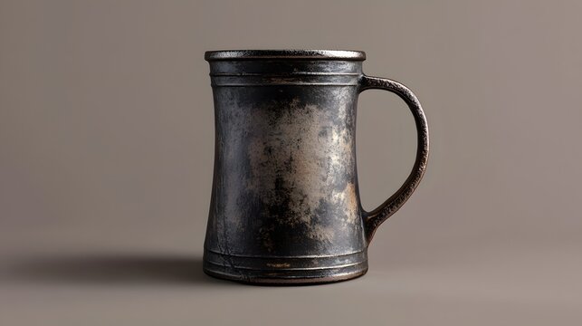 Vintage Metal Mug with Rustic Texture and Detail on Neutral Background