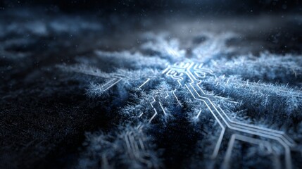 A frozen electronic background with circuit frost patterns glowing blue and silver icy tech design crystalline edges dark winter haze futuristic chill