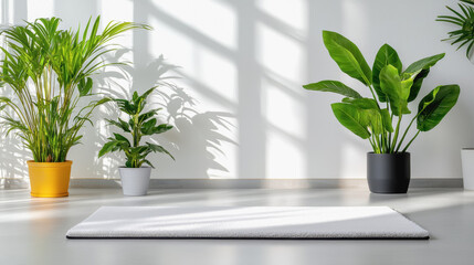 A beautiful plant thriving in a minimalist studio featuring a chic rug and soft diffused light from nearby