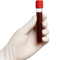 Hand holding a blood sample in a test tube with a red cap. transparent background.