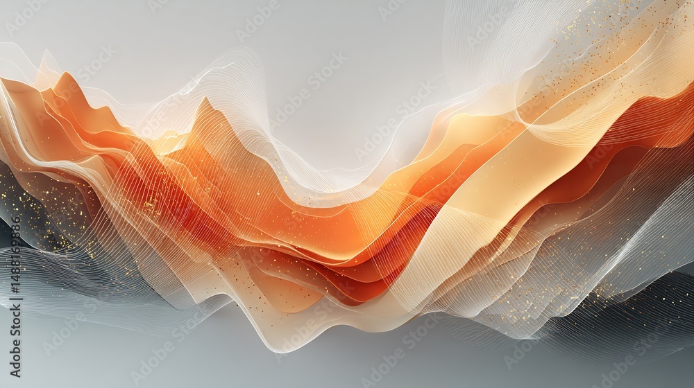 Poster abstract dynamic wave art in warm orange tones with subtle glitter effect