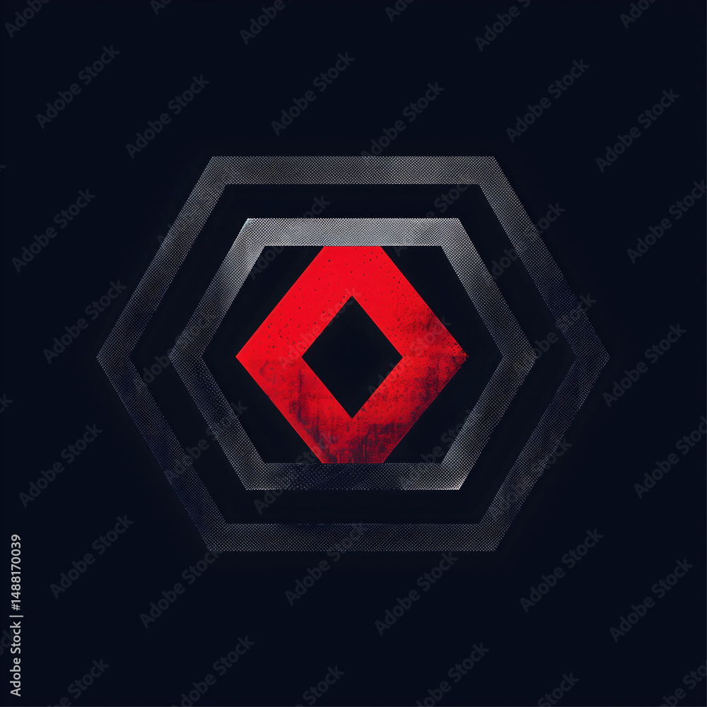 Poster geometric red and black design with layered hexagonal shapes on a dark background