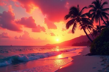 Fiery Hawaiian sunset paints sky orange, pink , serene, relaxing