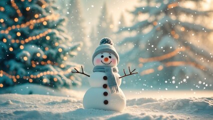 Obraz premium Toy snowman amidst a snowy Christmas tree backdrop. Snowfall. Blurry winter scenery with selective focus.