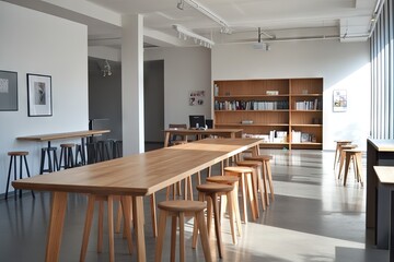 Spacious, modern workspace interior with light-colored wood furniture.