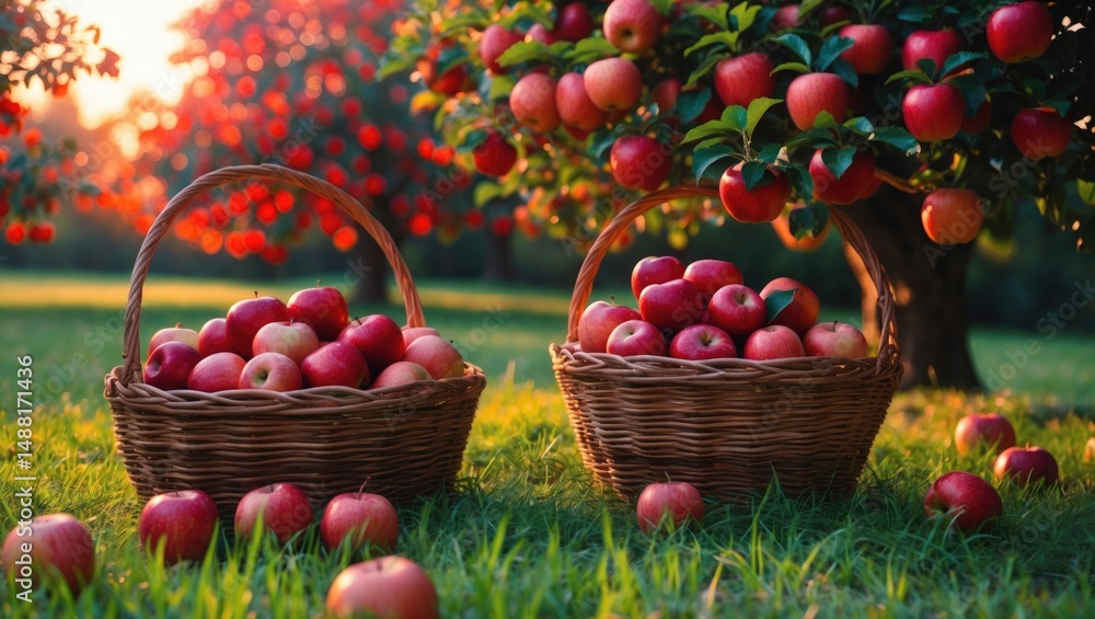 Aufkleber foreground features two wicker baskets overflowing with red apples, with apple trees in the backgrou