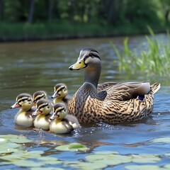 A mother duck and her five ducklings swim peacefully in a calm river, surrounded by lush green vegetation