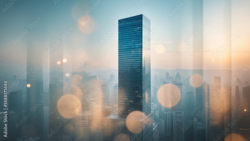 Poster blurry background with a dual exposure of a business skyscraper in an abstract setting