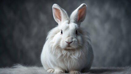Obraz premium A white bunny with a lion head set against a grey backdrop.