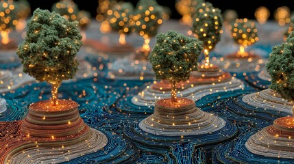 Fototapeta premium A miniature eco-planet with circuit patterns on land and coin clusters in valleys, young trees growing from coin mounds, linked by glowing lines for sustainable finance narrative, no text