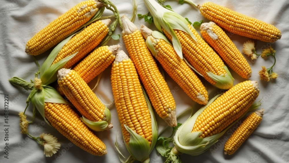 Poster group corn cob lying white cloth corn yellow color has husk like texture several kernels corn scatte