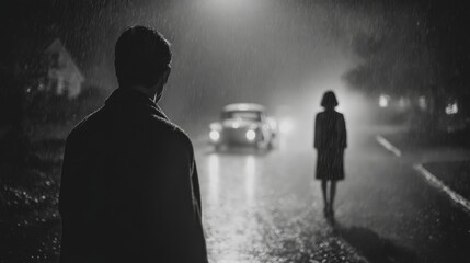 A man stands watching a woman walk away in the rain
