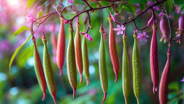 Lablab purpureus; Green and crimson fresh pods on trunk, long, flat, and curled with pointed ends.