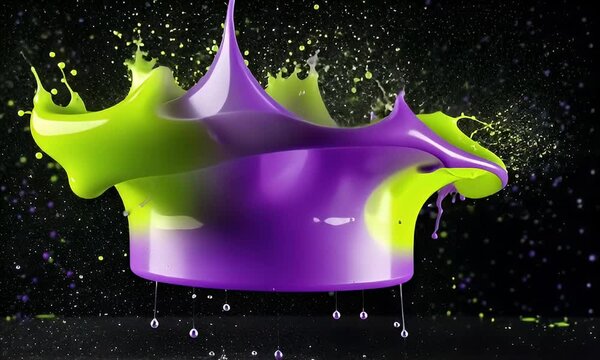 Purple And Green Paint Splashes Creating Dynamic Crown Shape Against Black Background