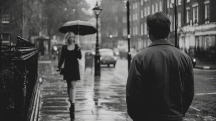 A man stands watching a woman walk away in the rain