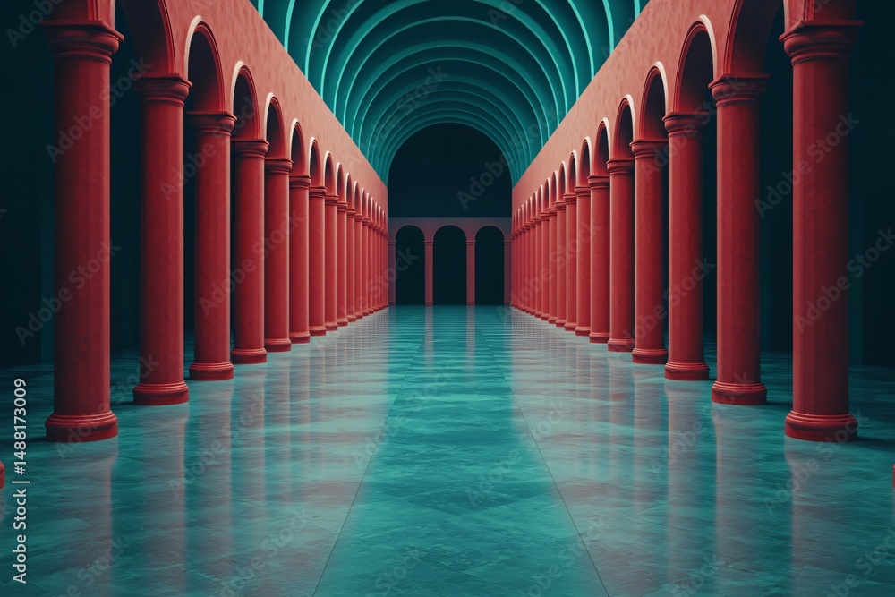 Poster surreal red columns and teal floor in an architectural corridor