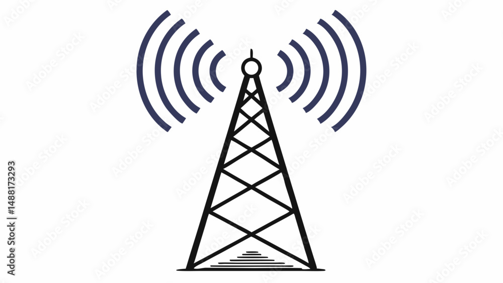 Poster black antenna tower with three signal waves on white background – telecom infrastructure icon style