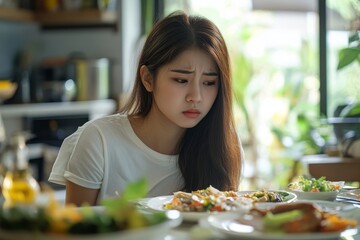 Young woman looking sadly at a table full of food in a bright and airy kitchen setting indoors