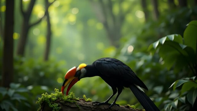 Hornbill perched on forest log