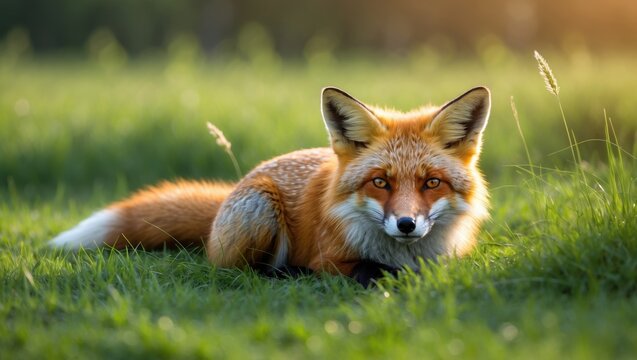 Resting red fox on verdant grass