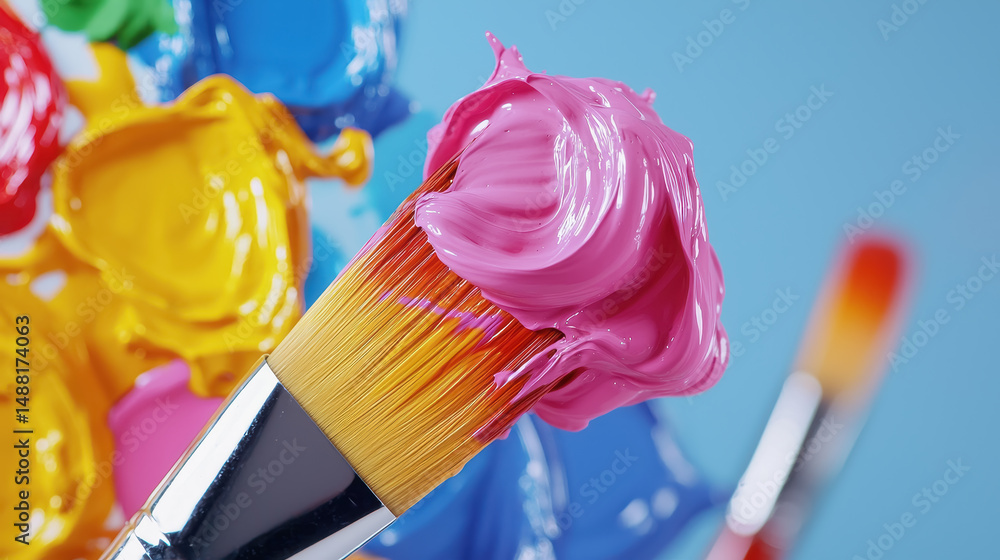 Poster close-up of a dynamic paintbrush dipped in vivid paints on a palette capturing the essence of artist