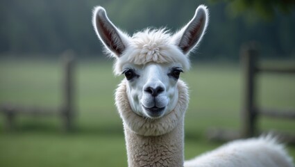 Obraz premium Cute and funny llama face shot on a farm background with a joyful expression