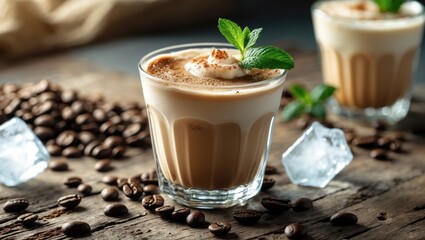 Refreshing Summer Coffee Beverage: Latte, Frappe, and Iced Coffee Cocktail with Frozen Coffee Cubes and Mint