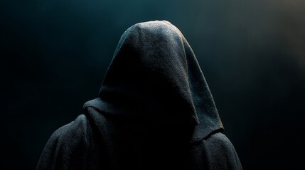A mysterious hooded figure fading into darkness, soft dramatic top lighting, subtle fog and atmospheric shadows, wet cloak reflecting ambient light