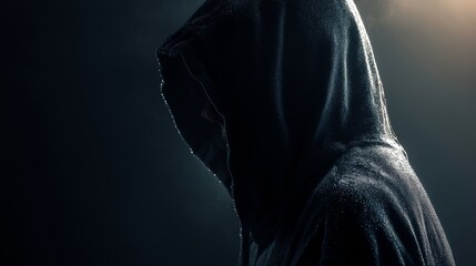 A mysterious hooded figure fading into darkness, soft dramatic top lighting, subtle fog and atmospheric shadows, wet cloak reflecting ambient light