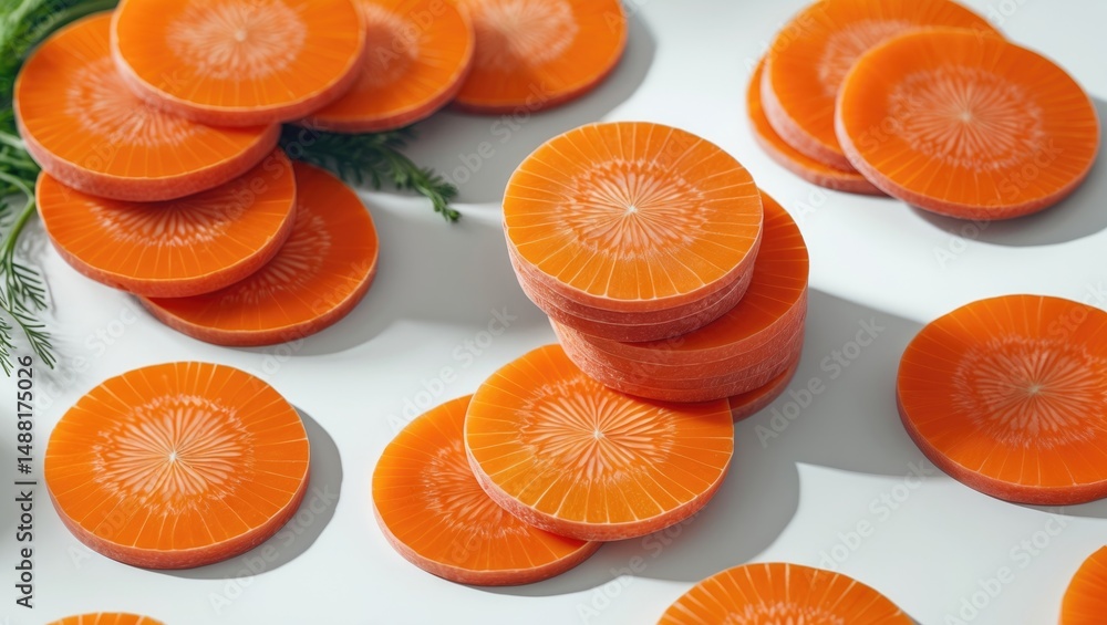 Poster beautiful fresh carrot slices stacked and isolated on a background with a clipping path. close-up an