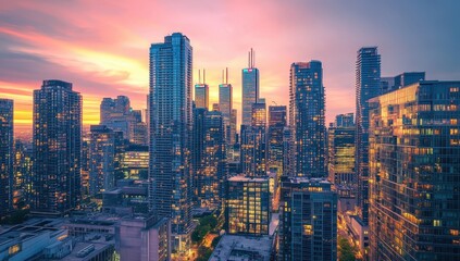 Vibrant cityscape at sunset, skyscrapers glow