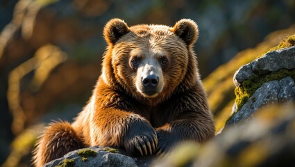Obraz premium Close-up image of a sun bear sitting on a rock and striking a pose.