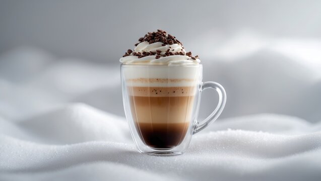 White setting featuring a glass of coffee latte