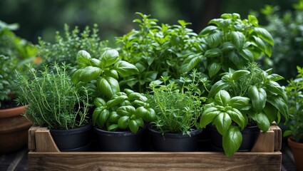 Naklejka premium Fresh herbs in pots displayed in a wooden wine crate outdoors with a close-up of vibrant green basil