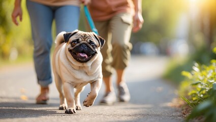 Taking a walk with a joyful pug