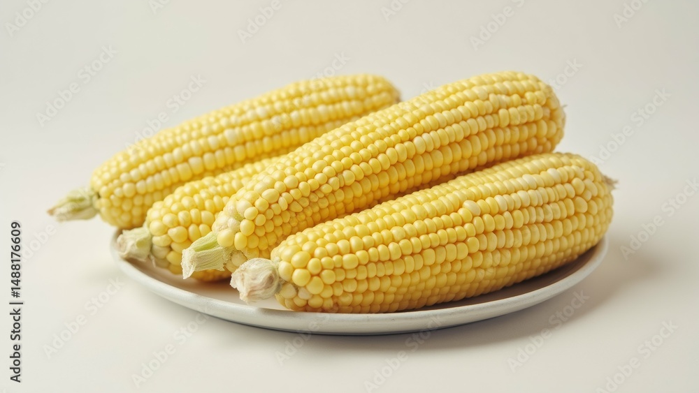 Poster three ears corn white plate corn yellow color appears freshly harvested kernels arranged triangular 