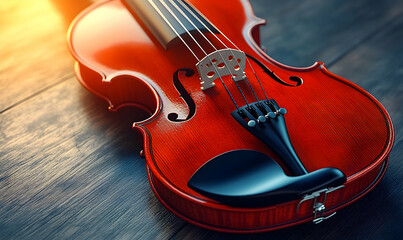Fototapeta premium A red violin rests on dark, textured wood under warm light, focusing on the instrument's elegant curves and details
