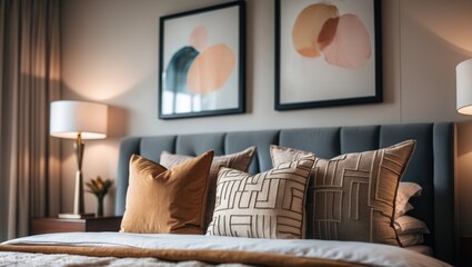 Zoomed-in shot of decorative cushions on a cozy bed with an elegant headboard in a modern interior with art pieces and lighting fixtures