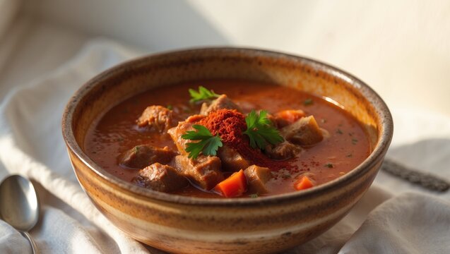 Goulash soup prepared in the traditional way with stew and paprika.