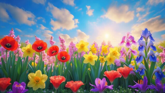 Garden spring flowers against the sky