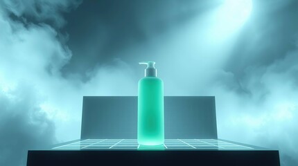 Futuristic Lotion Bottle in a Thick Foggy Scene Epic Lens Glow Lighting