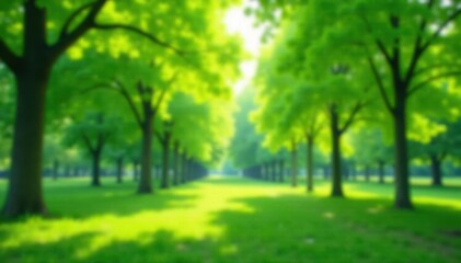 Impressionistic blur of vibrant green summer park trees , calm, tranquil, texture