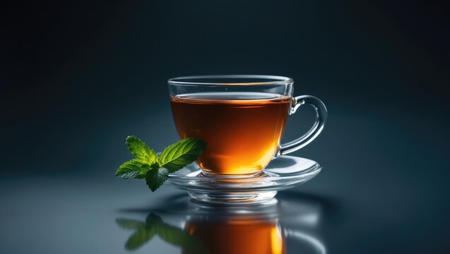 Cup of tea with mint leaves against a dark backdrop
