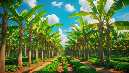 Fototapeta premium Rows of flourishing banana plants in a plantation dedicated to fruit cultivation