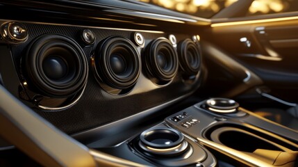 A D-rendered car audio system with multiple speaker units built into a sleek, modern car interior, illuminated by soft ambient lighting