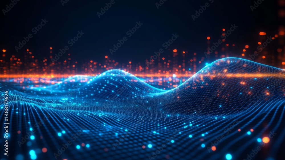 Fototapete A D financial line graph with smooth, curving lines connecting glowing points, showing a steady upward trend against a dark digital landscape