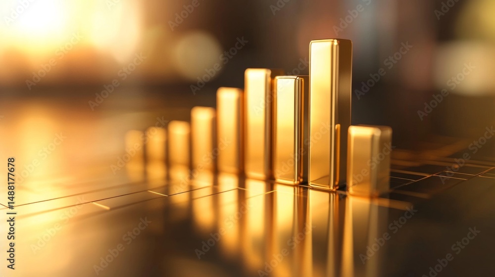 Poster a d stacked bar chart with metallic bars in ascending order, placed on a reflective surface, highlig
